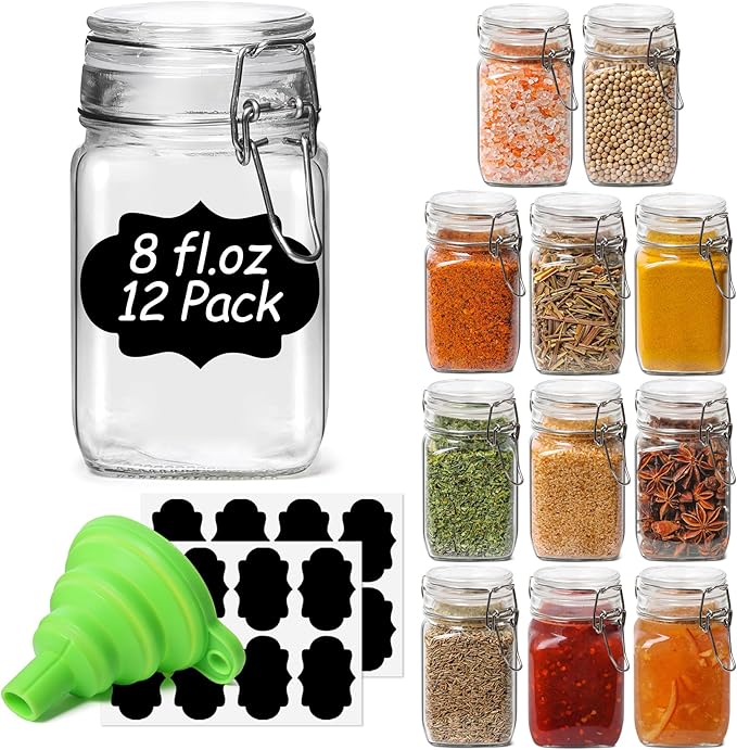Set of 12 Square Glass Jars with Airtight Lids (8 Oz)