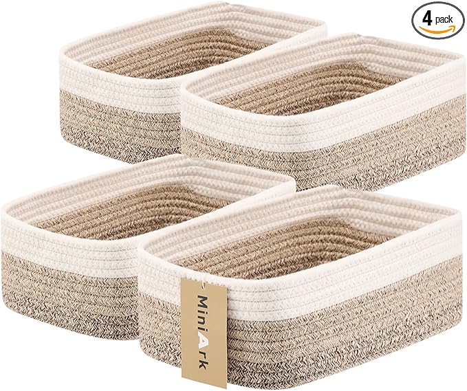MiniArk Small Storage Baskets for Organizing | Closet Organizer Bins | Shelf Toy Basket | Woven Rope Baskets | Cube Decorative Box | Shallow Basket |11.5x7.5x4.7”| 4 Packs Gradient Brown