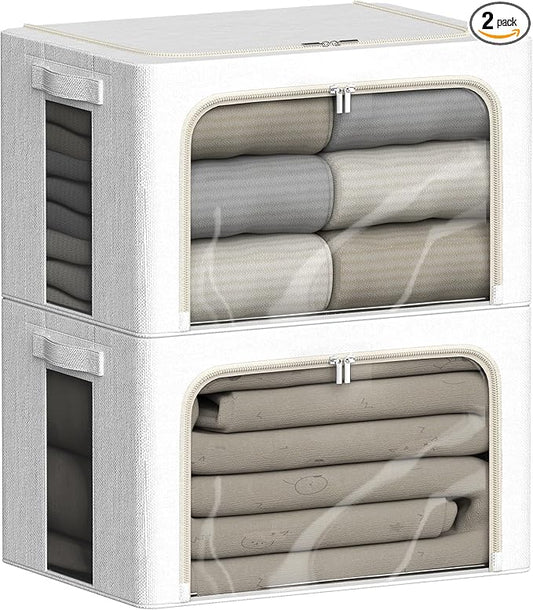 FHSQX 2 Pack Clear Window Storage Bins - Large Stackable Linen Fabric Storage for Clothes Foldable Container Organizer Set with Carrying Handles (Lvory White, 16.5x 12.2x 12.2Inch)