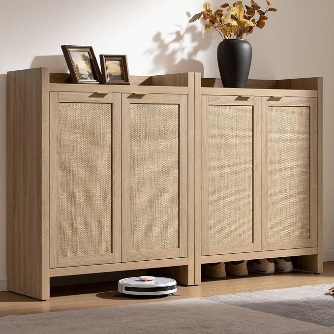 Shoe Cabinet Set of 2, Large Capacity Shoe Storage Organizer Cabinet, Light Oak