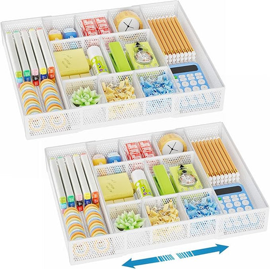 Expandable Desk Drawer Organizer, Expandable White-2 pack