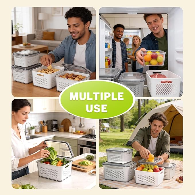 HOMETALL 8 Pack Fruit Storage Containers for Fridge, Produce Containers for Fridge with Colander, Leakproof Fridge Organizers and Storage for Berry Vegetable Salad Lettuce Meat Food
