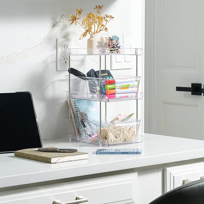 3-Pack Clear Bathroom Organizer Under Sink – 3-Tier Slide-Out Drawer Storage Shelf for Toiletries, Makeup, Hair Products | Compact Acrylic Under Sink Organizer for Bathroom Cabinet Organization