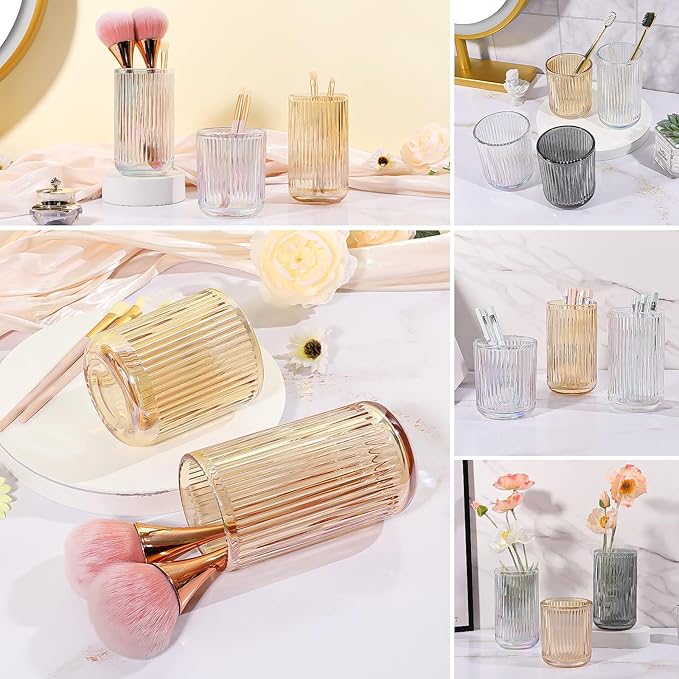 DASITON Makeup Brush Holder Organizer, Crystal Glass Makeup Brushes Storage Holder, Vintage Make Up Brush Cup for Vanity, Pen Pencil Holder for Desk, Toothbrush Holders for Bathroom (Coffee L)