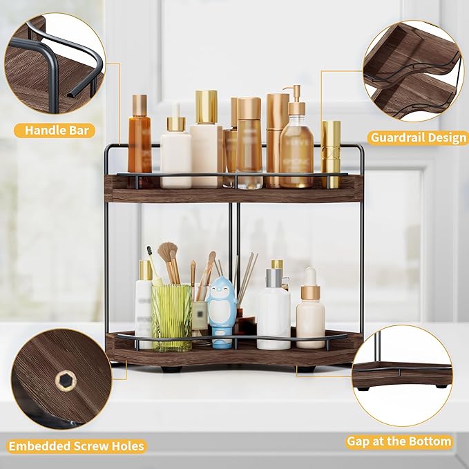 2-Tier Corner Bathroom Counter Organizers, Stable Wood Vanity Shelf for Perfume, Skincare & Makeup, Larger Size Countertop Organizer and Storage for Bathroom, Kitchen and Dresser(Dark Brown)