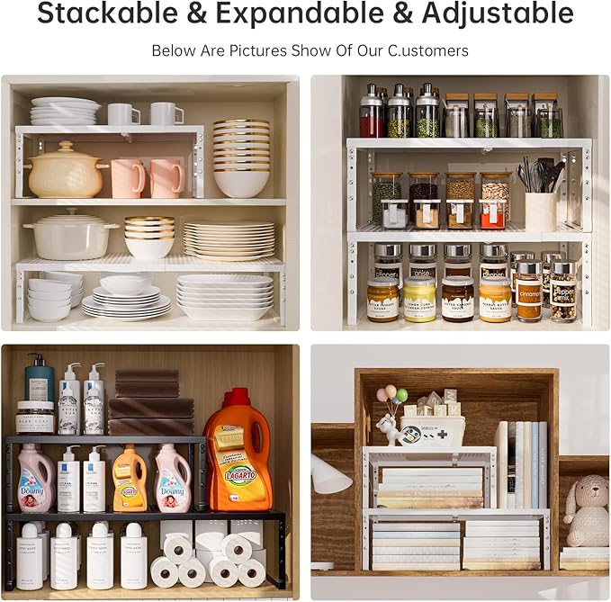 Cabinet Shelf,Expandable Adjustable Stackable Kitchen Organizer,for cabinets, Kitchens, countertops, bathrooms Shelf Organizer(2Packs/White,Large)
