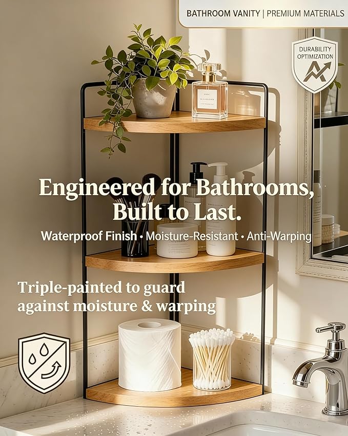 3-Tier Corner Bathroom Countertop Organizer, Solid Pine Wood Vanity Corner Shelf for Skincare & Makeup, Waterproof Standing Rack for Bathroom, Kitchen & Dresser, Large 15.7" H, Natural Wood