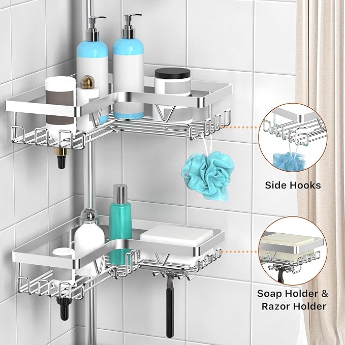 Corner Shower Caddy Tension Pole, Adjustable Shower Tension Rod Organizer