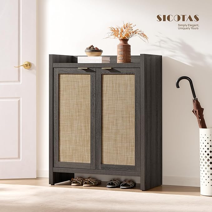 SICOTAS 41" Tall Shoe Cabinet, 24 Pair Shoe Storage Cabinet with Doors and 6-Tier Shelves, Rattan Shoe Cabinet Storage for Entryway, Farmhouse Boho Wooden Cabinet for Hallway, Black Oak