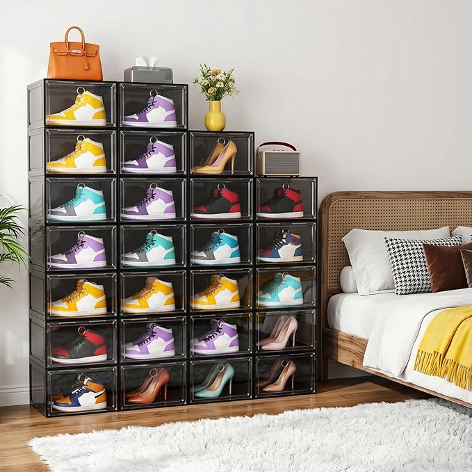 Large Shoe Boxes Clear Plastic Stackable, 8 Pack Drop Side Shoe Storage Organizer with Magnetic Door, Shoe Container Sneaker Storage Display Case Fit up to US Size 13 Black