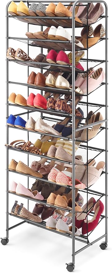10 Tier Double-Sided Shoe Cart with Lockable Wheels