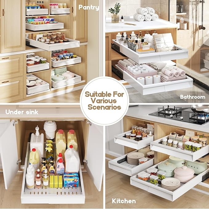 Seinloes Pull Out Cabinet Organizer, 4-Side Expandable to Fit Most Cabinets, 3 Rail Slide Out Drawers with Raising Pad for Framed & Frameless Cabinets, 11"-16" W x 17"-24" D, White, 2 Pack