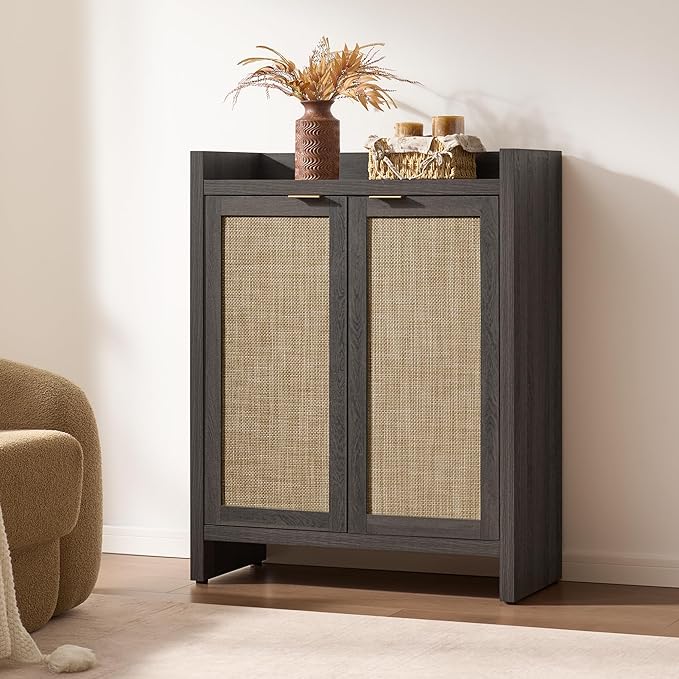 SICOTAS Shoe Cabinet Set of 2, Large Capacity Shoe Storage Organizer Cabinet, Tall Rattan Shoe Cabinet with Doors and Shelves, 6-Tier Farmhouse Boho Wooden Storage Cabinet for Entryway, Black Oak