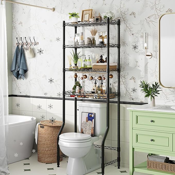 Simple Trending 4 Tier Over The Toilet Storage Rack, Bathroom Organizers and Storage Over Toilet with Adjustable Shelf and Basket, (Black)