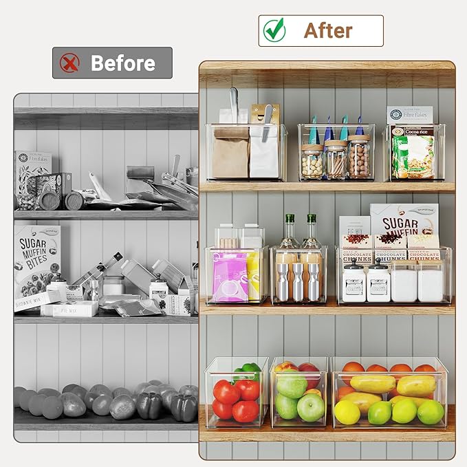 Clear Plastic Storage Bins with Dividers for Fridge Pantry Organizers and Storage Containers, 3 Pack Acrylic Stackable Sturdy Storage Boxes for Home Edit and Cabinet Organizers C6-1