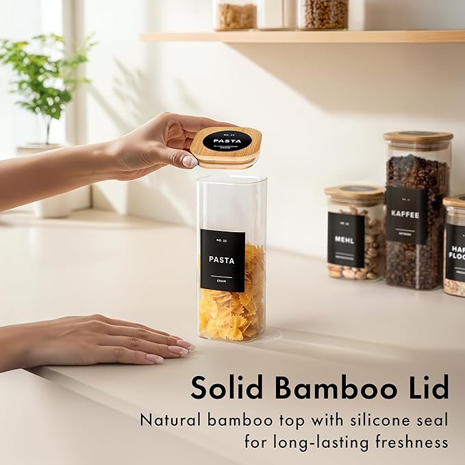 EDELHAUS Square Glass Storage Containers with Bamboo Lids 12-Pack (4x 30 oz, 8x 17 oz) Airtight Glass Storage Jars with Lids for Food, Stackable Glass Kitchen Canisters with 114 Labels for Pantry