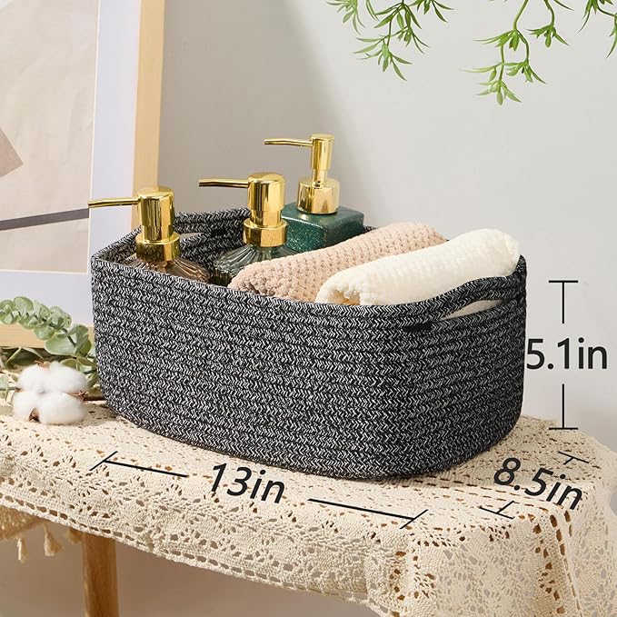 MiniArk Small Storage Baskets for Organizing | Closet Organizer Bins | Shelf Toy Basket | Woven Rope Baskets | Cube Decorative Box | Shallow Basket | 13x8.5x5.1” | 3 Packs Dark Gray