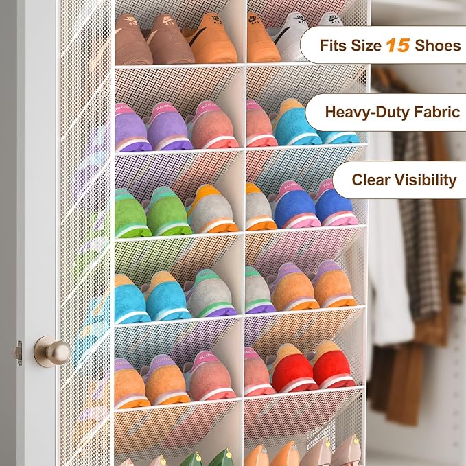 UVIAHOMI 20-30 Pairs Over the Door Shoe Organizer, Breathable Pocket Hanging Shoe Storage for Closet, 10-Tier Door Shoes Rack, Handing Shoes Holder Fit All the Family's Sneakers, Boots, Heels, Beige