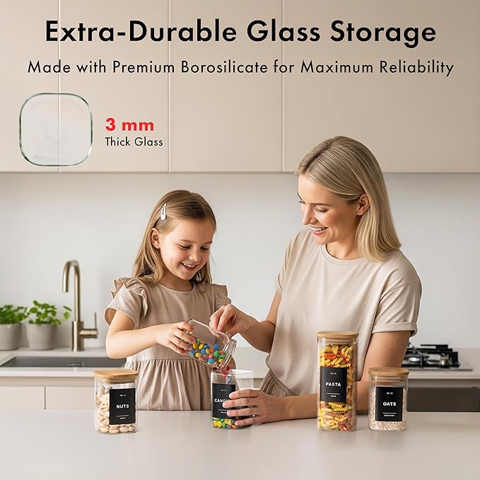 EDELHAUS Square Glass Storage Containers with Bamboo Lids 12-Pack (4x 30 oz, 8x 17 oz) Airtight Glass Storage Jars with Lids for Food, Stackable Glass Kitchen Canisters with 114 Labels for Pantry