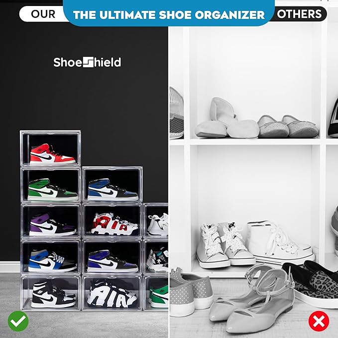Ultra All Clear Shoe Boxes Plastic Stackable Professional Grade Shoe Display Case with Magnetic Side Drop Door Open Easy Assembly Modern Shoe Sneaker Display Case Fits US Size 14