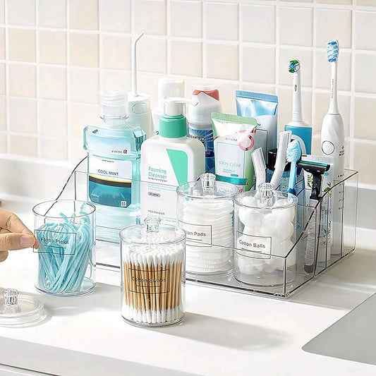 5 PCS Bathroom Countertop Organizer, 1 Divided Tray with 4 Qtip Holder Jars