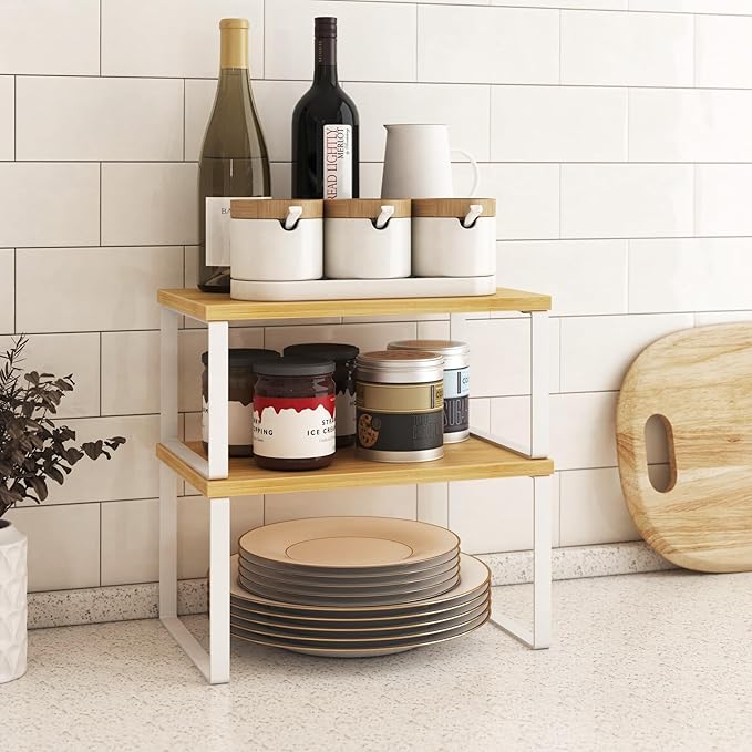Kitchen Cabinet Organizer Shelf Set of 4, White+Bamboo