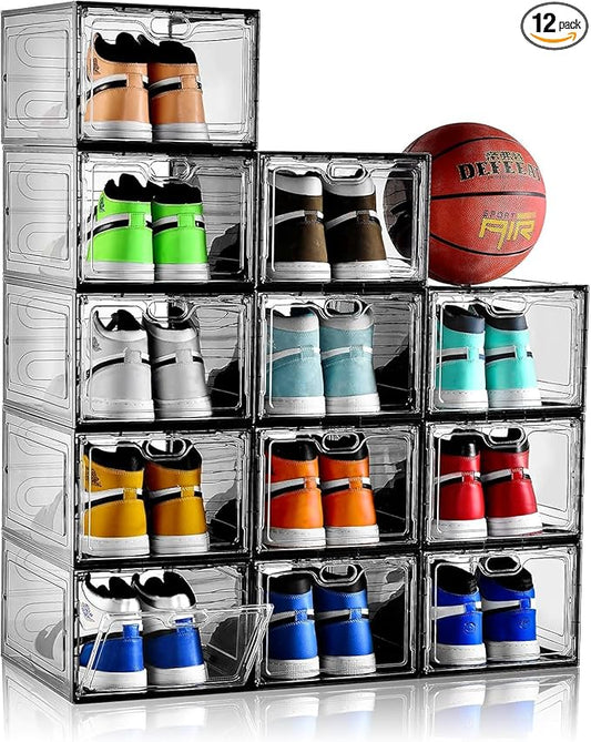 12 Pack Gray Transparent Shoe Storage Organizer, Stackable Shoe Boxes for Closet