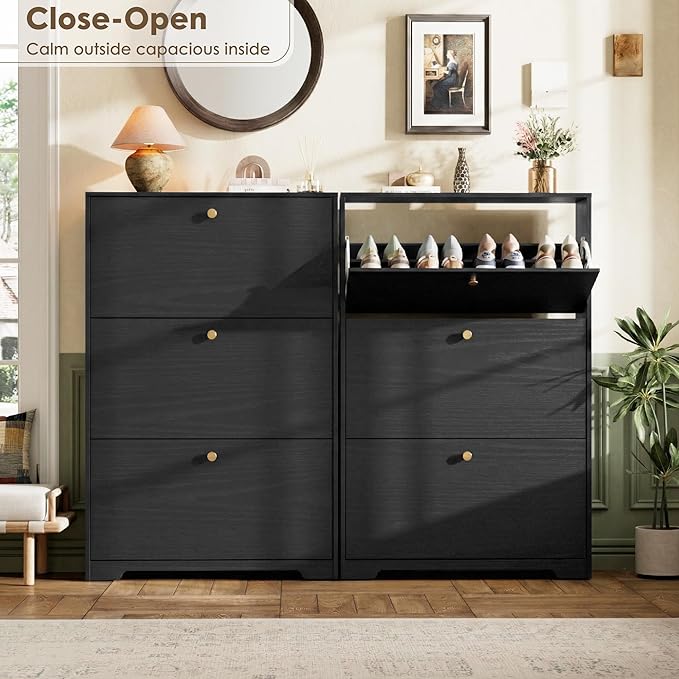 Nicetree Shoe Cabinet with 3 Flip Drawers, Narrow Shoe Organizer Cabinet, Freestanding Shoe Rack Cabinet, Modern Shoe Storage Cabinet for Entryway, Hallway, Foyer, Black