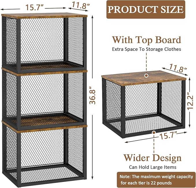 3 Pack Stackable Closet Organizers and Storage Basket, Closet Shelves with Wood Top Extra Storage, Multifunctional Clothes Organizer Bins/Cube Storage Drawer for Wardrobe Kitchen Laundry Room, Black