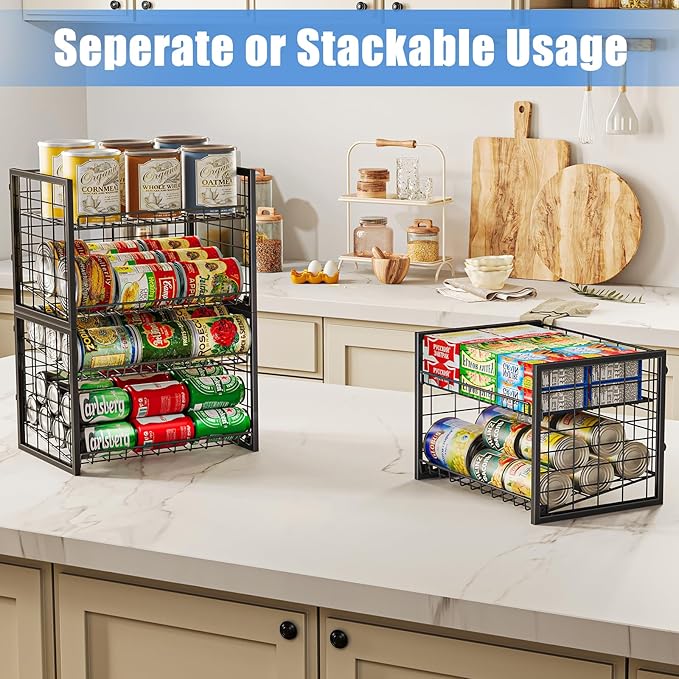 X-cosrack 2-Tier Stackable Can Organizer for Pantry, 3 Packs Adjustable Pantry Organizer Storage for Canned Food Goods Soda, Sturdy Canning Rack Can Dispener Storage Holder for Pantry Kitchen, Black