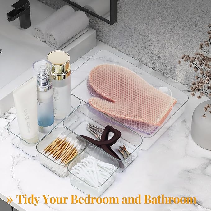 MultiBey 5 PCS Clear Plastic Drawer Organizer Set, 3 Sizes Non-Slip Storage Bins Organizer Trays for Makeup, Jewelry, Pantry & Office