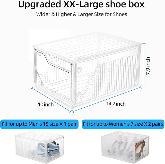 XX-Large Shoe Sneaker Storage Boxes for Size 14,Easy-to-Install Shoe Boxes, Thick and Stable, Stackable Shoe Boxes, Closet Organization (Clear White, XXL-10-pcs)