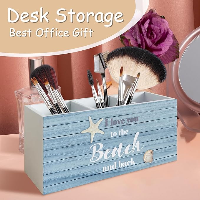 Beach Pen Holder for Home Office Kitchen Desk Decor, I Love You to the Beach and Back Wooden Pencil Holder Sign Organizer for Home Office Desk Accessories, Coastal Gifts for Women Men