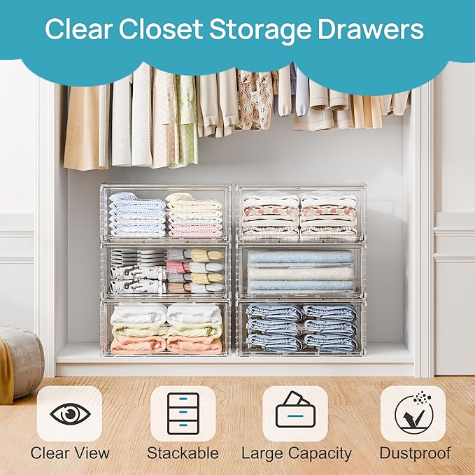 Vtopmart 3 Pack Large Clear Stackable Storage Drawers 27QT, Easily Assemble Plastic Closet Storage Bins, Dust-Proof UnderBed Organizer for Clothing, Sweater Organization