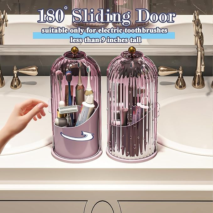 Dustproof Toothbrush Holders with Cover, Rotating Electric Toothbrush and Toothpaste Holder for Bathroom Countertop, 3 Slots Makeup Brushes Organizer, All Pink