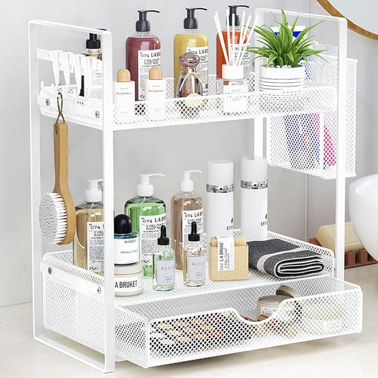 2 Tier Bathroom Organizer Countertop with Drawer, White