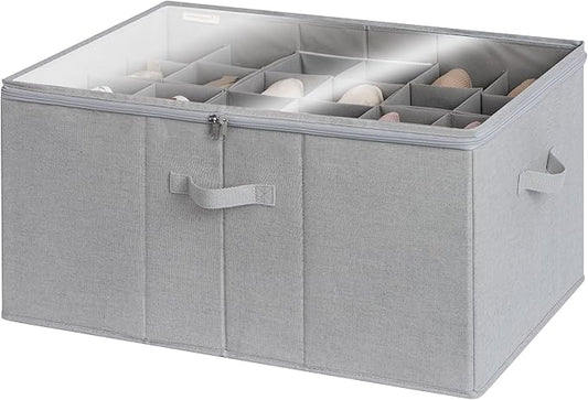 StorageWorks Shoe Organizer for Closet, Fits up to 24 Pairs, Shoe Cubby Storage Containers with Adjustable Dividers and Clear Cover, Grey