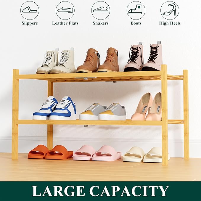Smiry Bamboo Shoe Rack, 2 Tier Free Standing Wooden Shoe Organizer, Stackable Wood Shoe Storage Shelf for Closet, Entryway, 14 Vertical Slats, One-piece Heavy-Duty Legs, 26.8"x11"x13", Natural