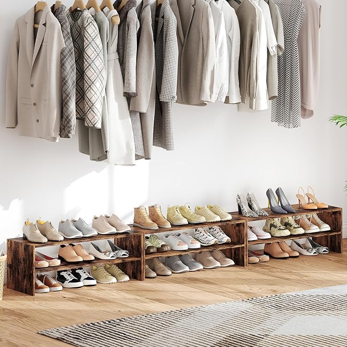 Giantex 3-in-1 Vertical Shoe Rack, 6-Tier Free Standing Shoe Storage Organizer w/Stackable Design for 18 Pairs, 31 Inch Wide Wood Shoe Shelf for Closet, Entryway, Living Room, Office (2, Brown)