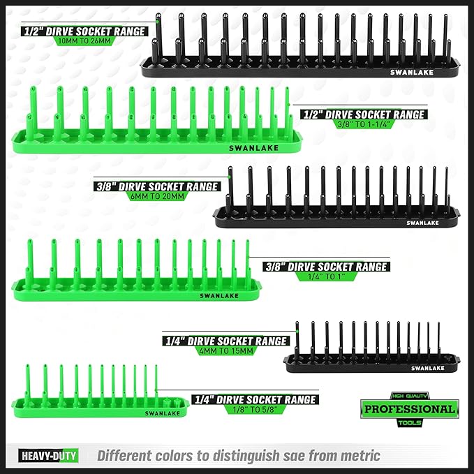 SWANLAKE Socket Organizer Tray, 6-Piece Socket Holder Tray, SAE and Metric, 1/4", 3/8", and 1/2" Drive Sockets Organizer for Toolboxes