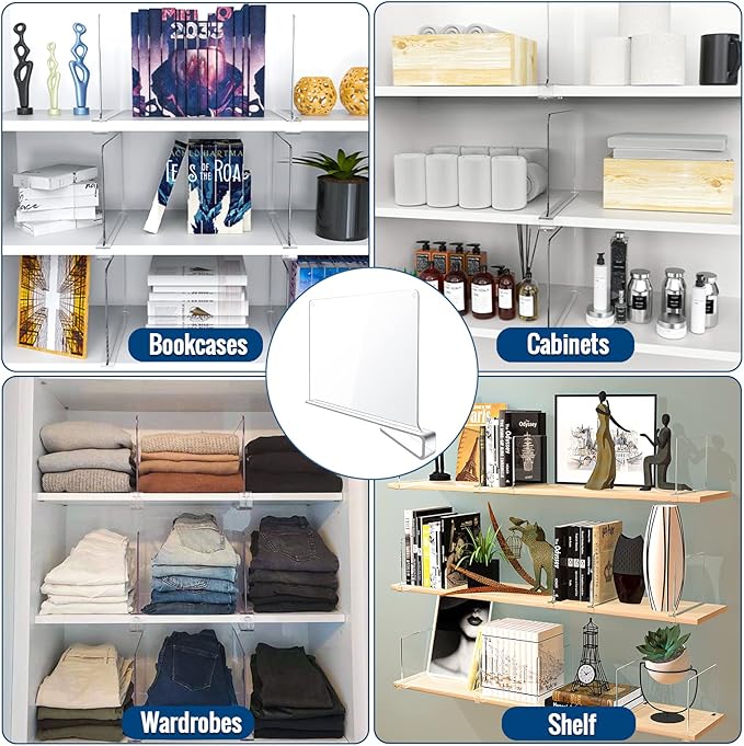 BAUMFEUER 16 Pack Clear Acrylic Shelf Dividers for Closet Shelf Organizer of Bedroom Kitchen Office Bathroom Organizer for Clothes Books Hats and Handbags