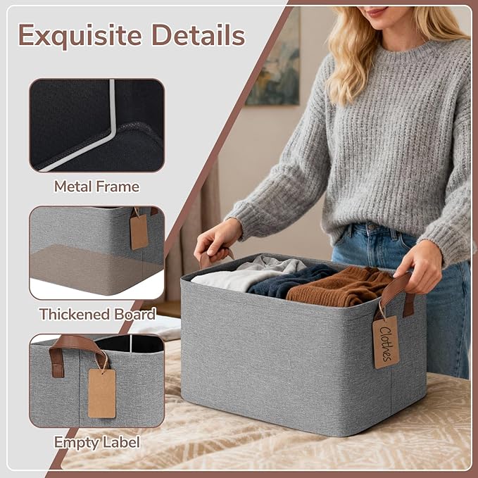 CHICVITA 4 Pack Large Storage Baskets for Shelves, Foldable Storage Bins for Clothes Towels Organization, Toy Organizer Bins for Nursery, Living Room, 16.8" x 11" x 9.8", Gray