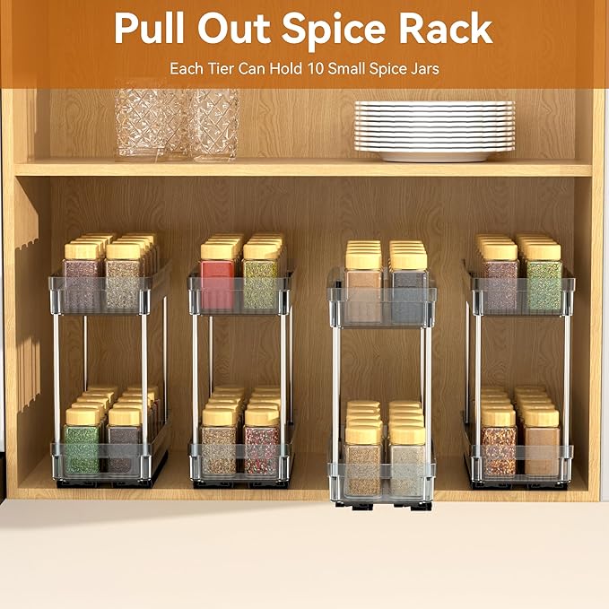 DABIGE 3 Pack Pull Out Spice Rack Organizer for Cabinet, 2 Tier Slide Out Spice Racks Organizer, Spice Cabinet Organizers, Cabinet Size Need:12'' High x 11'' Deep x 5'' Wide, Clear Acrylic