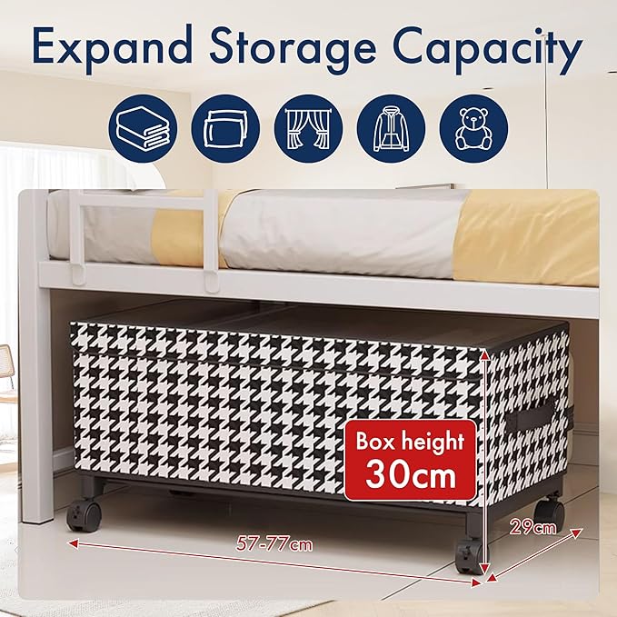 Under Bed Storage with Wheels, 65L Adjustable Underbed Bins 30.3×11.4×11.8" for Clothes Shoes Blankets (white)