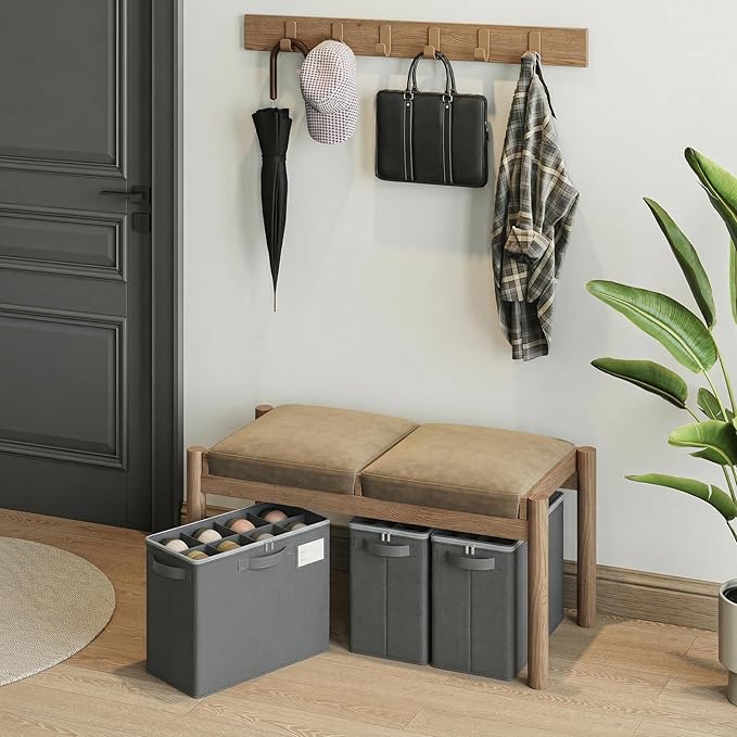 Varhomax Shoe Organizer Box for Closet, Small Fabric Shoe Storage Bin with Adjustable Dividers & Clear Cover, Saving Space Sneakers & Sandals Containers for Entryway, Cubby - Gray