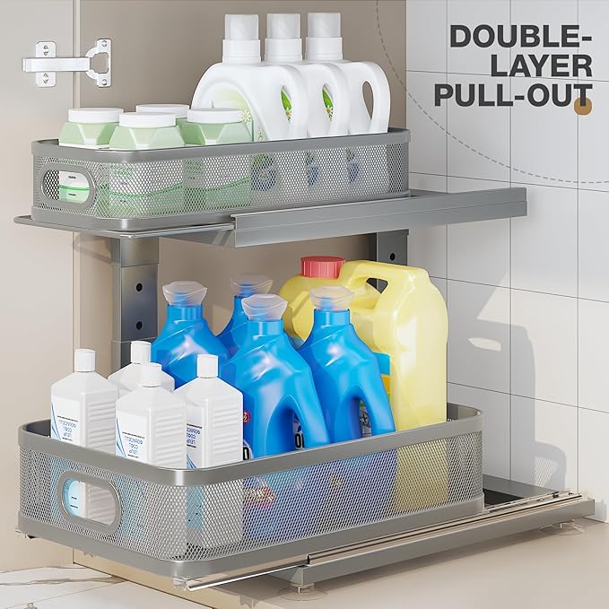 1 Pack Under Sink Organizer With Next-Gen Ball-Bearing Slides,2-Tier Precision Mesh Pull Out Cabinet Storage for Bathroom&Kitchen,Height Adjustable Drawers Shelf,Anti-rust-Grey