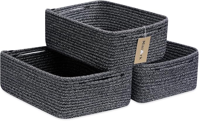 MiniArk Large Shallow Organizing Baskets 15x11x5.1 Inches - Rope Woven Storage Bins for Bathroom, Shelves, Cube Closet, Mixed Black 3 Packs