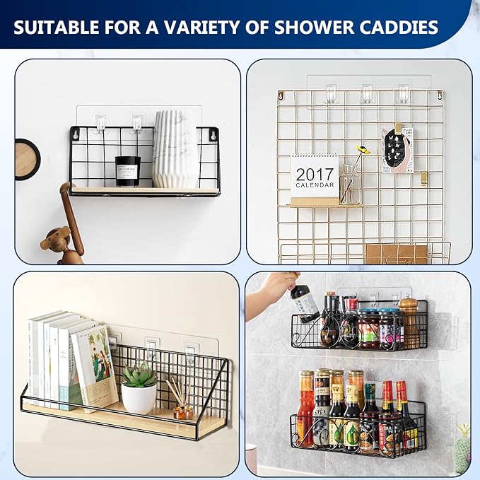 Shower Caddy Adhesive Replacement Hooks, Strong Waterproof Strips, No Drilling for Bathroom Shelves, Kitchen Racks, and Soap Holders (Transparent-4 Pack 3 Hook)