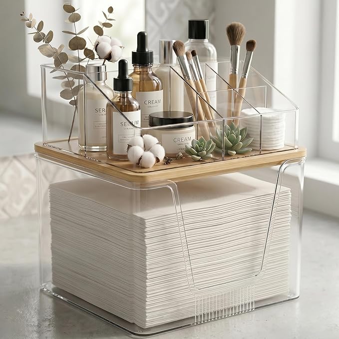 Disposable Facial Towels Holder with Bamboo Lid, 2 in 1 Facial Towels Storage Box and Cosmetics Organizer, Clear Acrylic Box Stackable Vanity Organizer Compatible with Clean Skin Club Towel XL