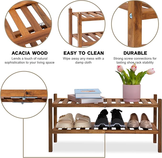 RELAX Natural Acacia Wood 2-Tier Folding Shoe Rack